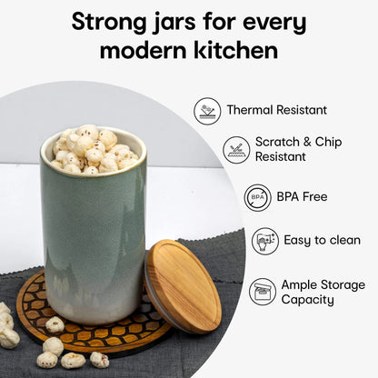 Anko Set of 3 Stoneware Ceramic Jars 800ml | Rubberwood Lid & Silicone Ring | Beige