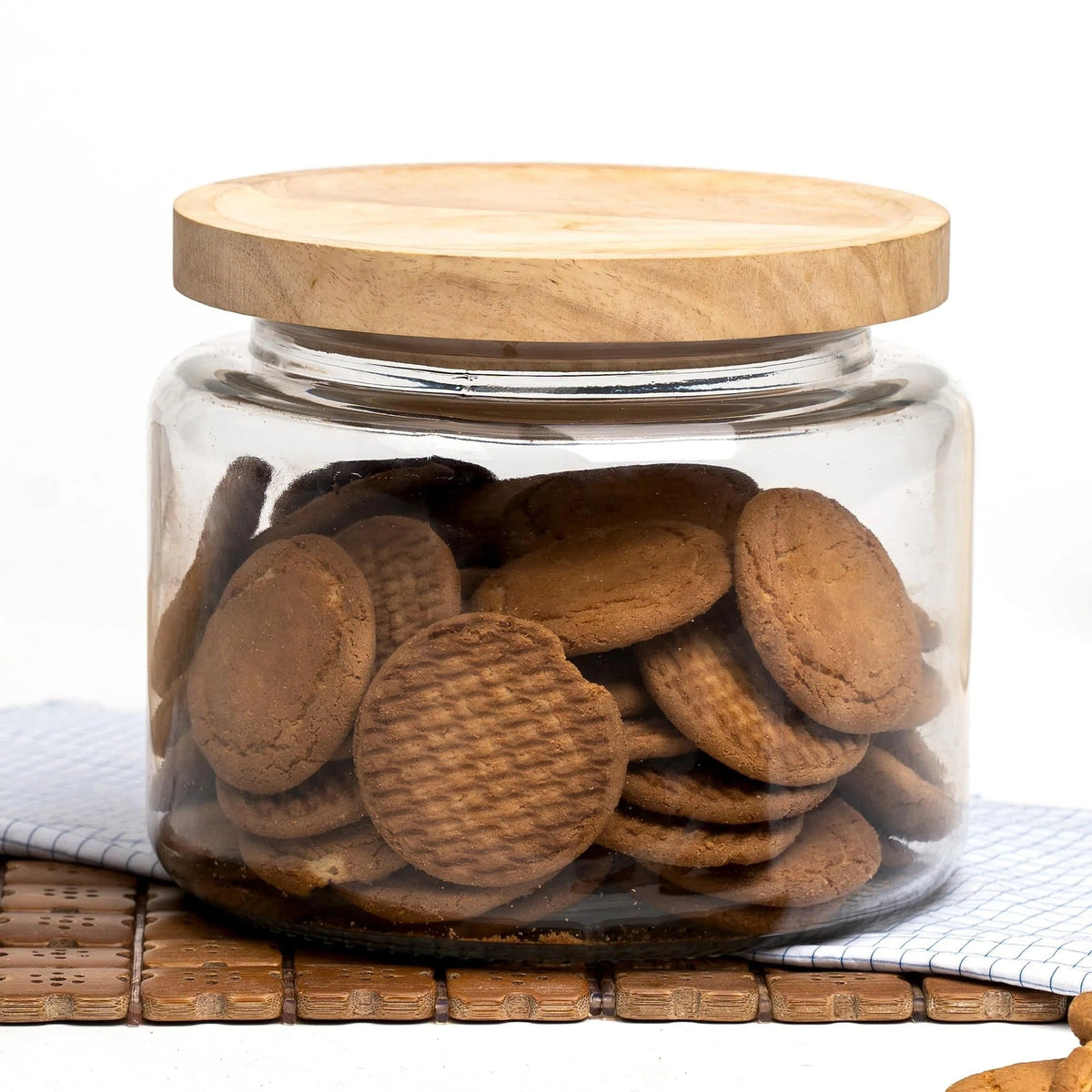 Anko 1.5L Clear Glass Jar | Airtight | Rubberwood Lid | Set of 1 | Kitchen Storage
