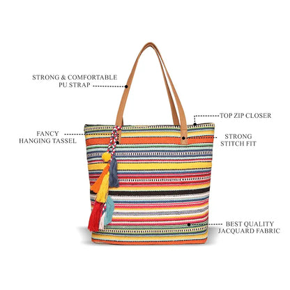 Astrid Women's Multicolor Cotton Tote Bag With Tassels