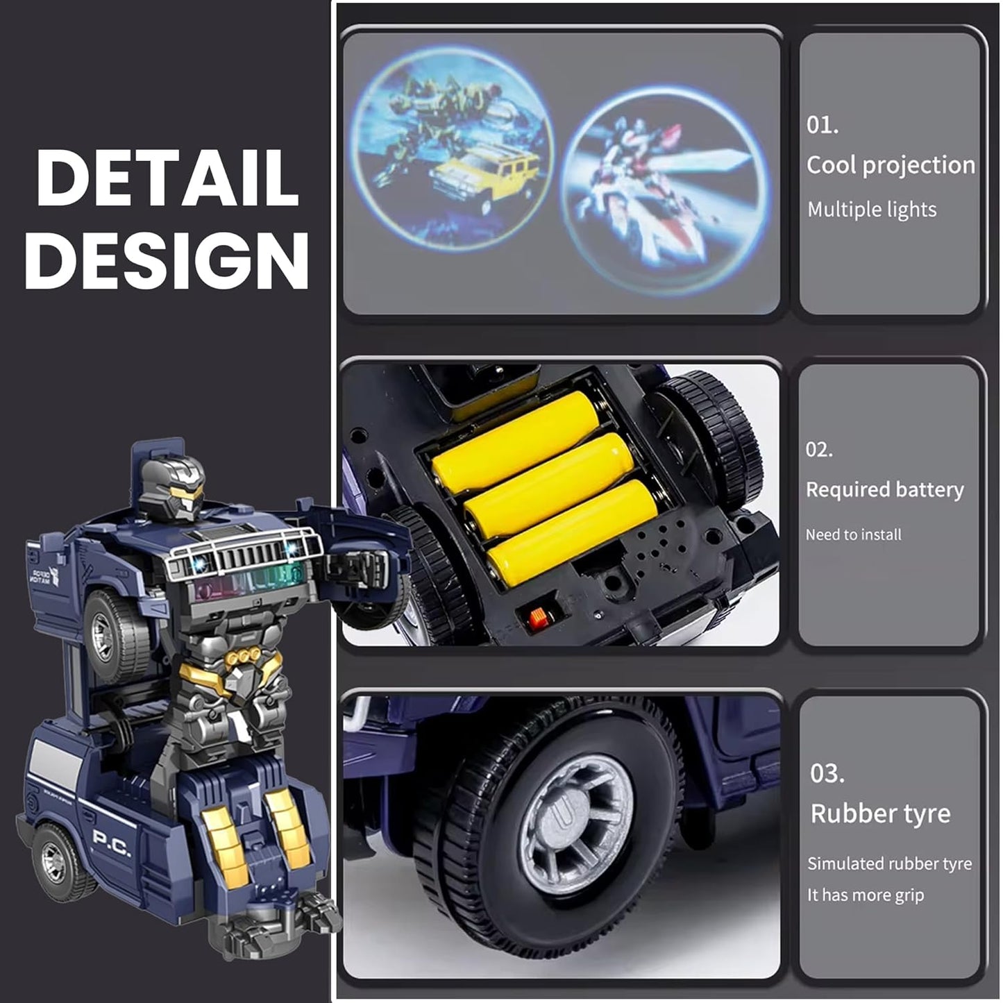 Kidology Transforming Robot Car Black With Light Police Cars for Kids