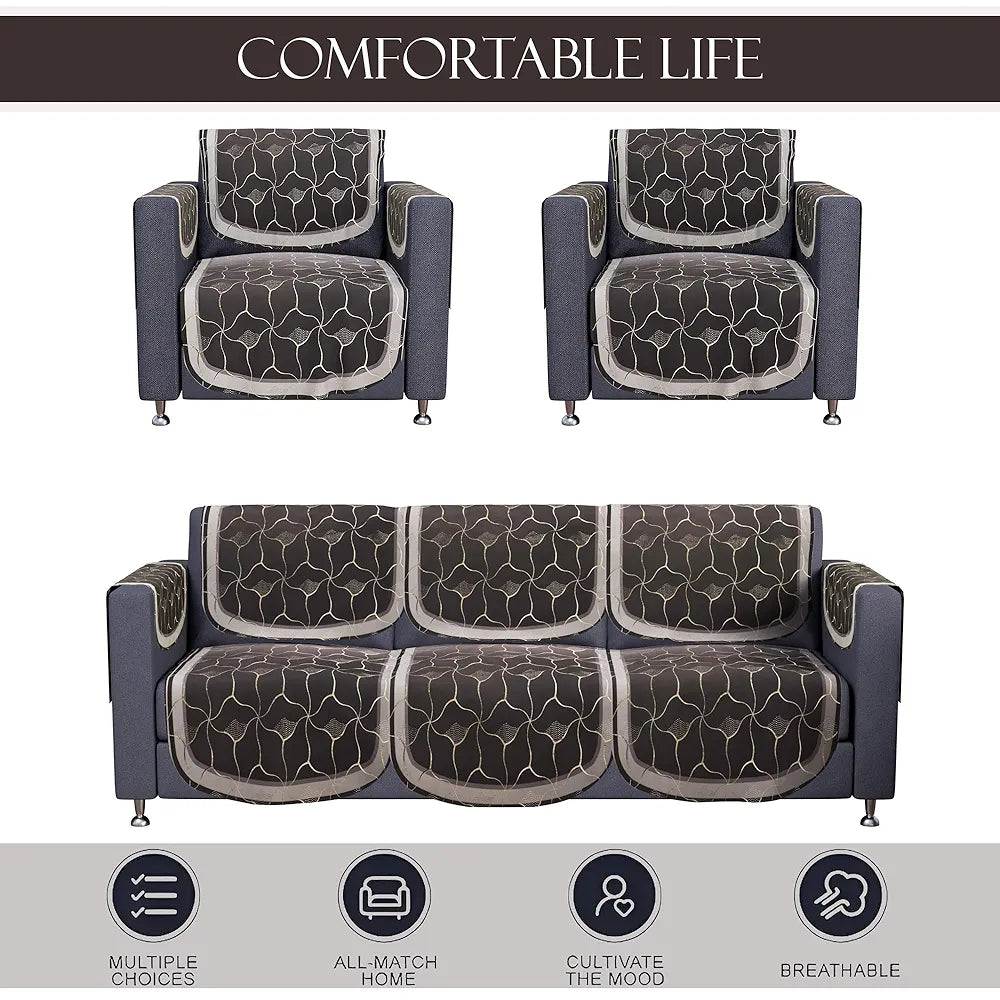 Kuber Industries Set of 16 Anti-Skid Sofa Cover 5-Seater with Arm Cover Arabica Look Brown & Golden Foil