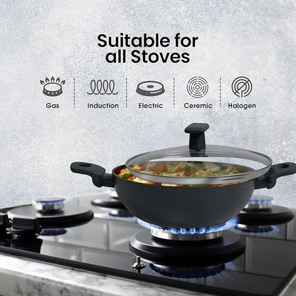 Solara Non Stick Kadai With Lid 24 Cm, Induction Kadai, Granite Stone Kadhai With Glass Lid, Biryani Pot, 2.4 Litres | Black