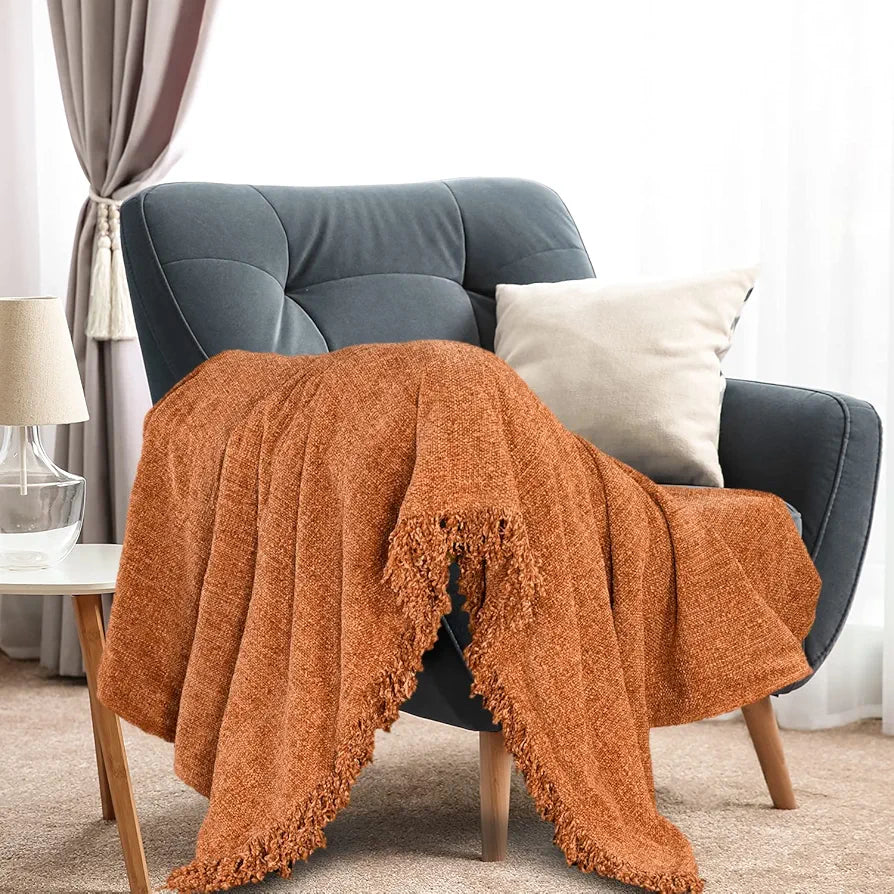 Sashaa World Lightweight Soft Chenille Throw Colour Rust