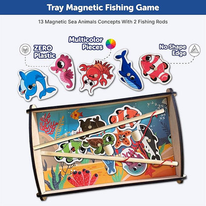 Mini Leaves Wooden Small Tray Magnetic Fishing Game for Kids | Fishing Toy Educational Toys | 13 Pieces