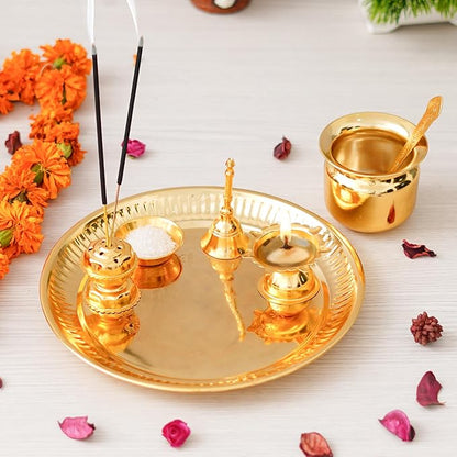 Ecraftindia Golden Decorative Puja Thali Set With Diya Ghanti Kalash Spoon Agarbatti Stand Bowl | Aarti Thali for Puja