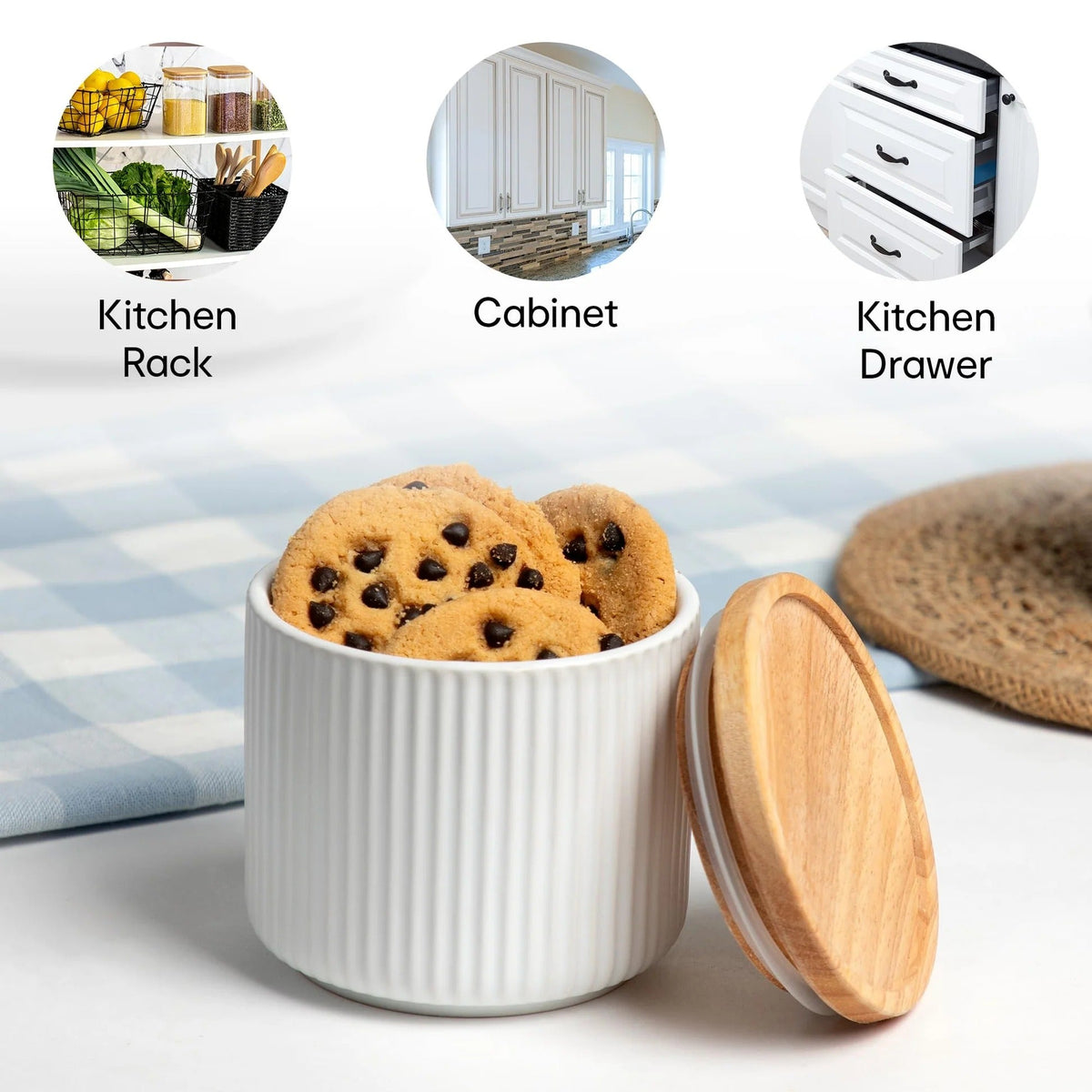 Anko Set of 3 Stoneware Ceramic Jars 400ml | Rubberwood Lid & Silicone Ring | Beige