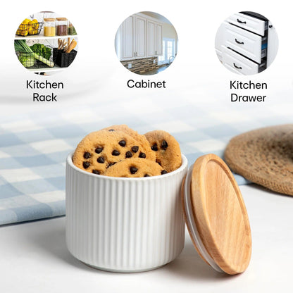 Anko Set of 3 Stoneware Ceramic Jars 400ml | Rubberwood Lid & Silicone Ring | Beige