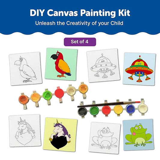 Mini Leaves Mini Canvas Craft Art Paint Kit for Beginner With Wooden Easel, Colours, Painting Brush for Girls Boys 4-6 Years Diy Kit | Set of 4 | Abstract Theme