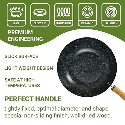 Femora Carbon Steel Wok 28 Cm With Wooden Handle | 3 Layer Non-stick Coating Wok | Black