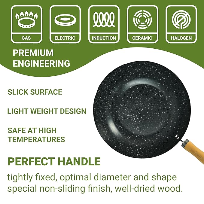 Femora Carbon Steel Wok 30 Cm With Wooden Handle | 3 Layer Non-stick Coating Wok | Black