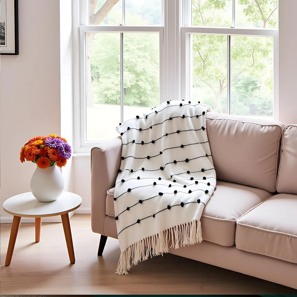 Sajavat Home Hand-Knitted Pure Cotton 3 Seater Sofa Throw Colour Beige & Black