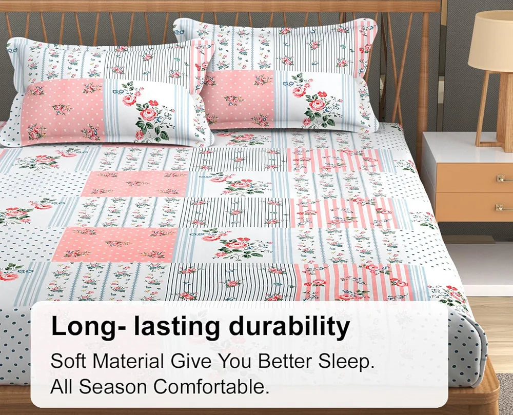 Fresh From Loom Floral Print King Size Fitted Bedsheet Set Microfiber 240 TC 2 Pillow Covers Pink White