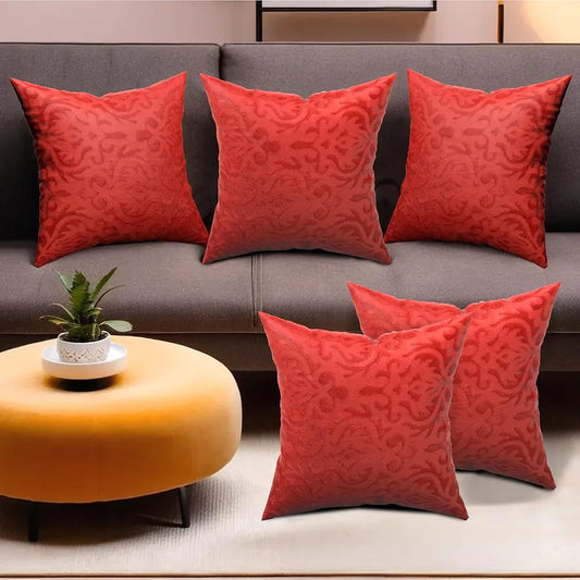 Kuber Industries Set of 5 Washable & Removable Velvet Sofa Pillow Covers with Zip Floral Design Red