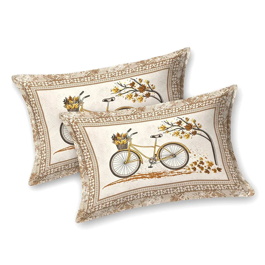 Kuber Industries Double Bedsheet with 2 Pillow Covers 160 TC Premium Cotton Photo Frame Cycle Brown
