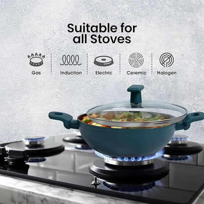 Solara 24cm 2.4L Non Stick Kadai Induction Kadai Granite Stone Kadhai with Glass Lid Bezel Colour