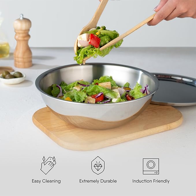 Stahl Artisan Triply Stainless Steel Tasla With Lid | Kadhai Without Handle | Induction & Gas Stove Compatible | 2.0 L | 22 Cm