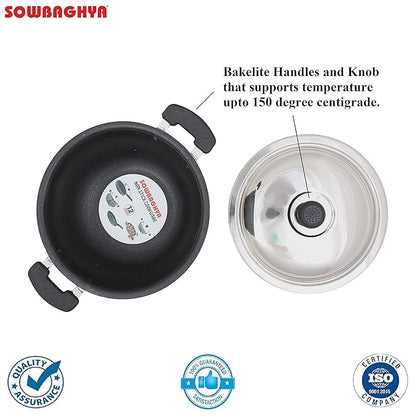 Sowbaghya Aluminium Non Stick Deep Kadai with Stainless Steel Lid (2 LTR, Grey)