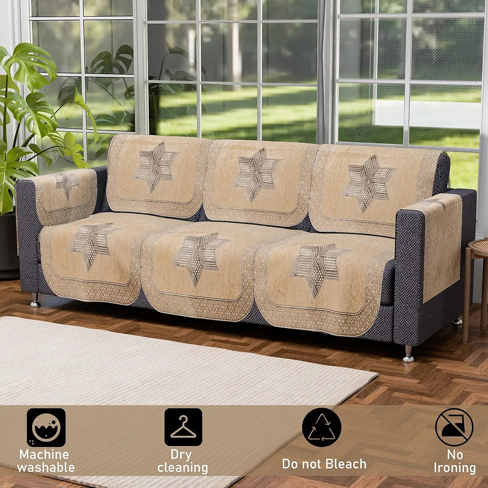 Kuber Industries Set of 16 Anti-Skid Sofa Cover 5-Seater with Arm Cover Star Print Cream & Brown