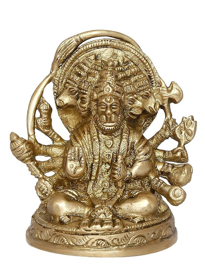 Ecraftindia Golden Brass Handcrafted Sitting Panchmukhi Hanuman Statue | Bajrangbali Religious Idol Murti
