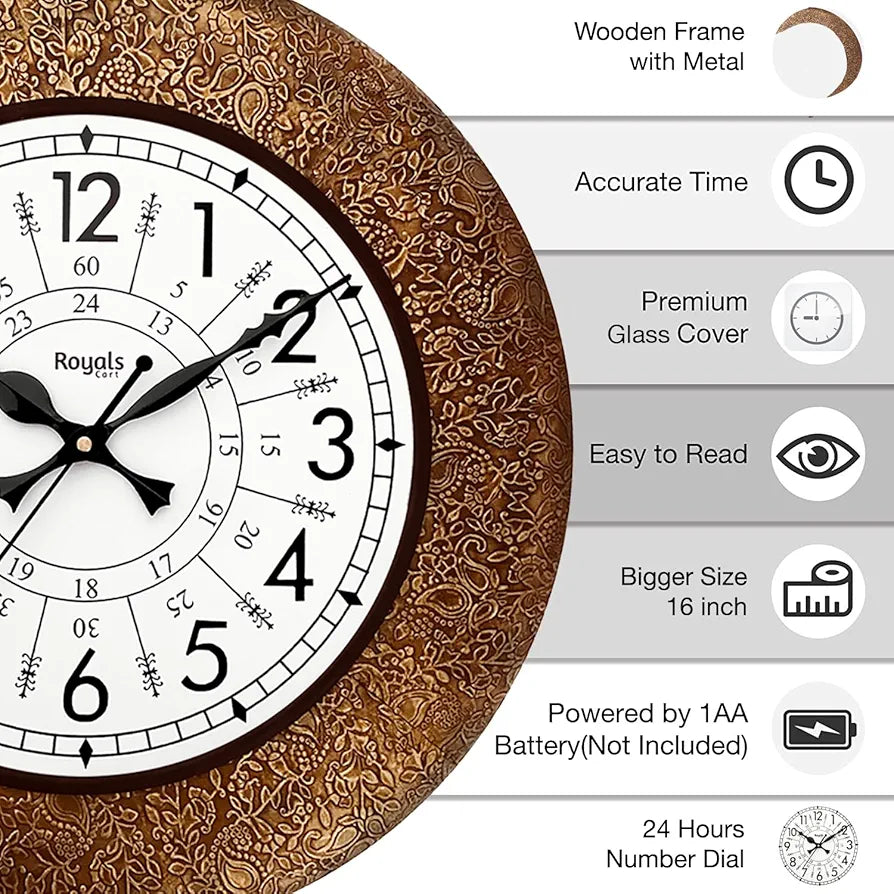 RoyalsCart Ethnic Handcrafted Designer Wall Clock with Decorative Metal Golden Antique Wooden Wall Clock [KTWC213N] Golden Decorative Metal