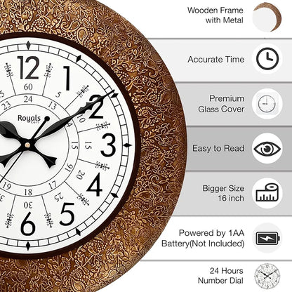 RoyalsCart Ethnic Handcrafted Designer Wall Clock with Decorative Metal Golden Antique Wooden Wall Clock [KTWC213N] Golden Decorative Metal