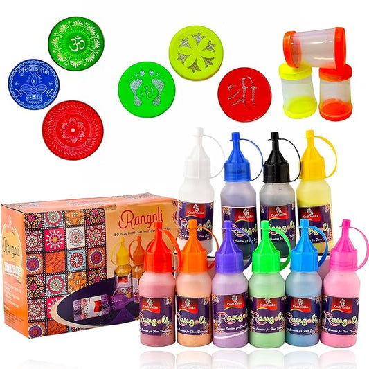 CraftVatika Rangoli Making Tools Kit Set of 10 Rangoli Powder Bottles Tubes with Nozzles