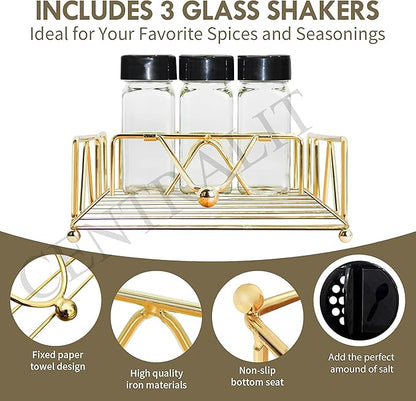 CentraLit Napkin Holder for Dining Table with 3 Bottles Salt and Pepper Shakers Napkin Holder Gold