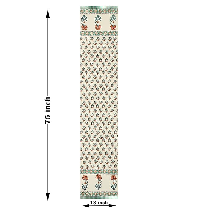 Blocks Of India Hand Block Printed Cotton Table Runner for Center Dining Table Turquoise Flower