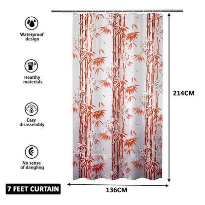 Kuber Industries Shower Curtain Bathroom Shower Curtain 8 Rings Curtain Bamboo Print Orange