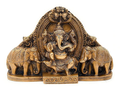 Chhariya Crafts Metal Wall Hanging Ganesha Idol with Elephant Pair Decorative Showpiece