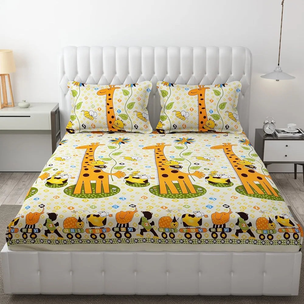 Fresh From Loom Elastic Fitted Bed Sheets Soft Glace Cotton 300 tc Fitted Bedsheet King Size Bed With Two Pillow Cover Yellow