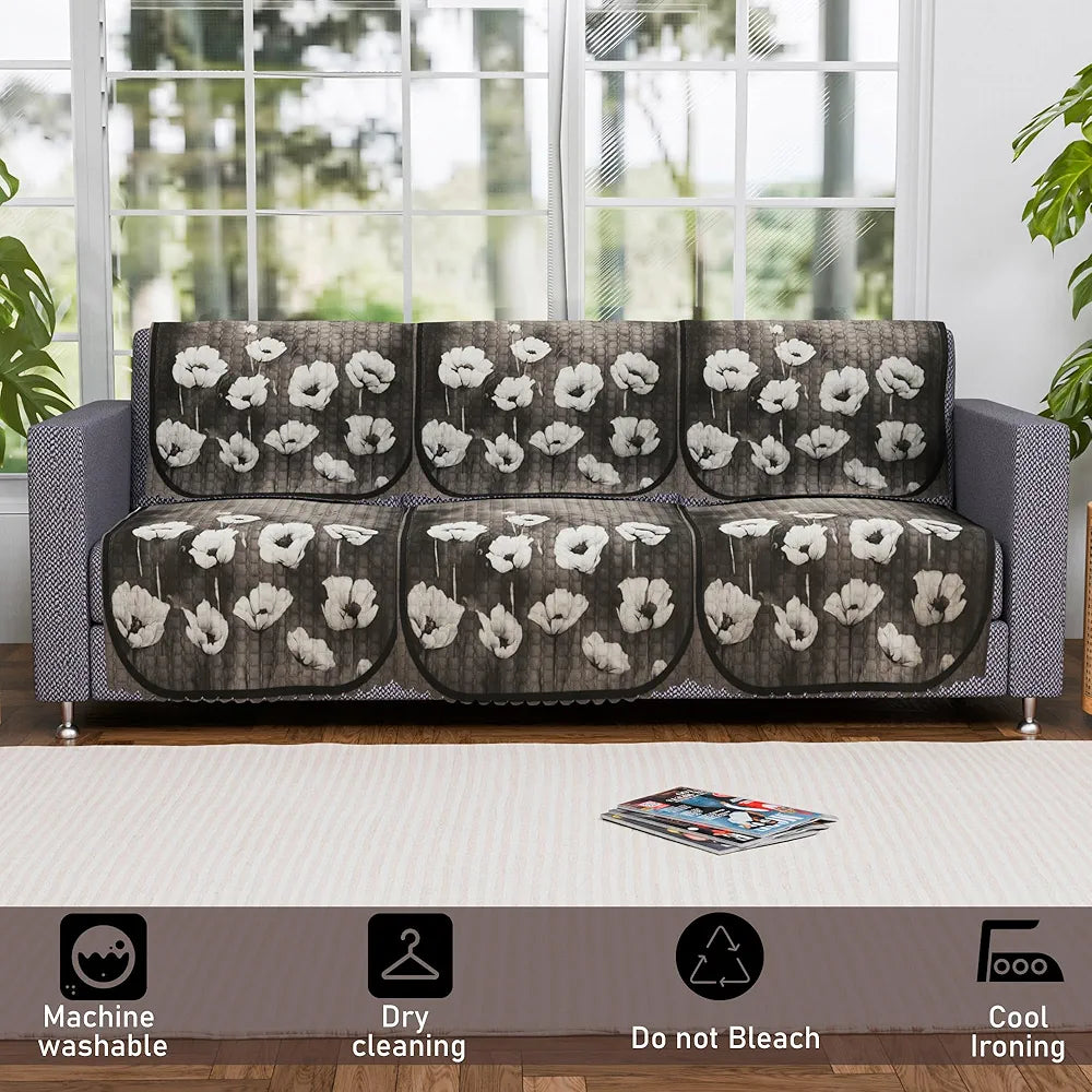 Kuber Industries Set of 6 Durable 3 Seater Sofa Cover Lotus Print Green Colour