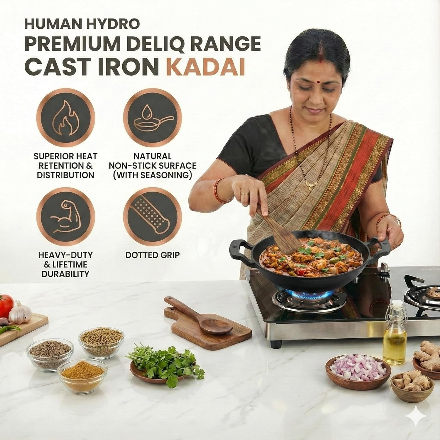Human Hydro Pre-Seasoned Cast Iron Kadai 25cm with Wooden Spatula Naturally Nonstick Gas Induction Compatible