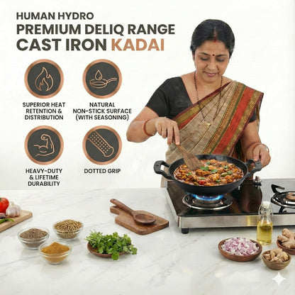 Human Hydro Pre-Seasoned Cast Iron Kadai 25cm with Wooden Spatula Naturally Nonstick Gas Induction Compatible