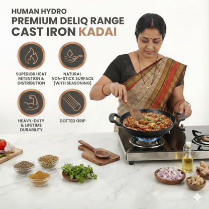 Human Hydro Premium Deliq Range Cast Iron Kadai 25cm 2.2L with Heat-Resistant Silicone Grip Handles Induction Gas