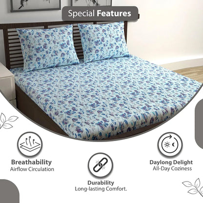 Divine Casa 144 TC Pure Cotton Double Bed Bedsheet with 2 Pillow Covers Floral Pattern Colour Sky Purple Blue