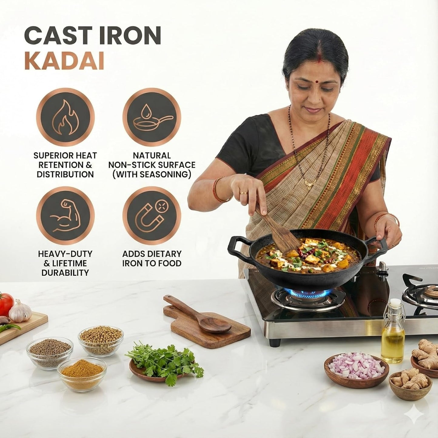 Human Hydro Pre-Seasoned Cast Iron Kadai 23cm 1.3L Flat Bottom Induction Gas with Wooden Flip Spatula