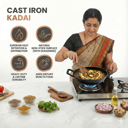 Human Hydro Pre-Seasoned Cast Iron Kadai 23cm 1.3L Flat Bottom Induction Gas with Wooden Flip Spatula