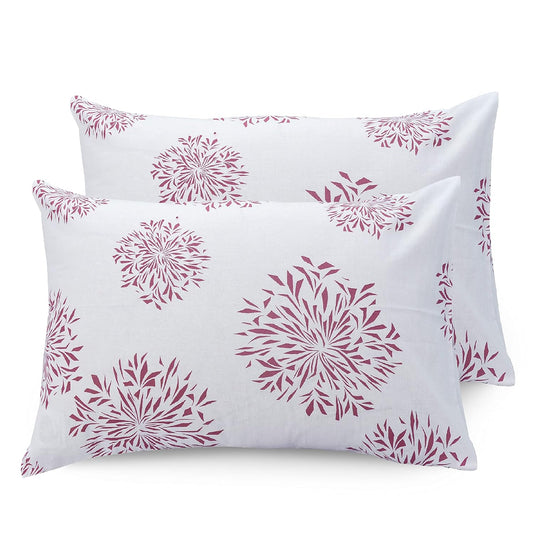 Huesland by Ahmedabad Cotton 144 Tc Cotton Pillow Cover Set of 2 | White | Mauve Print