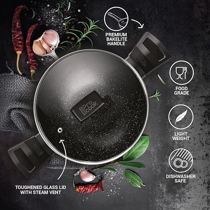 Milton Pro Cook Granito Induction Kadhai With Glass Lid, 28 Cm / 4.1 Litre, Black - 1820 gms