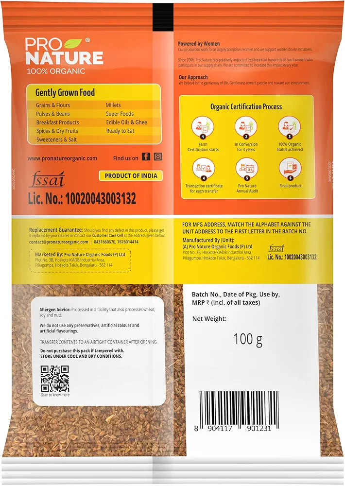 Pro Nature 100% Organic Ajwain Ajowan, Seeds, 100 Gram