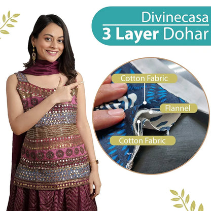 Divine Casa Floret 100% Cotton Double Dohar 120 GSM Soft & Lightweight Throw BlanketColour Meadow Green