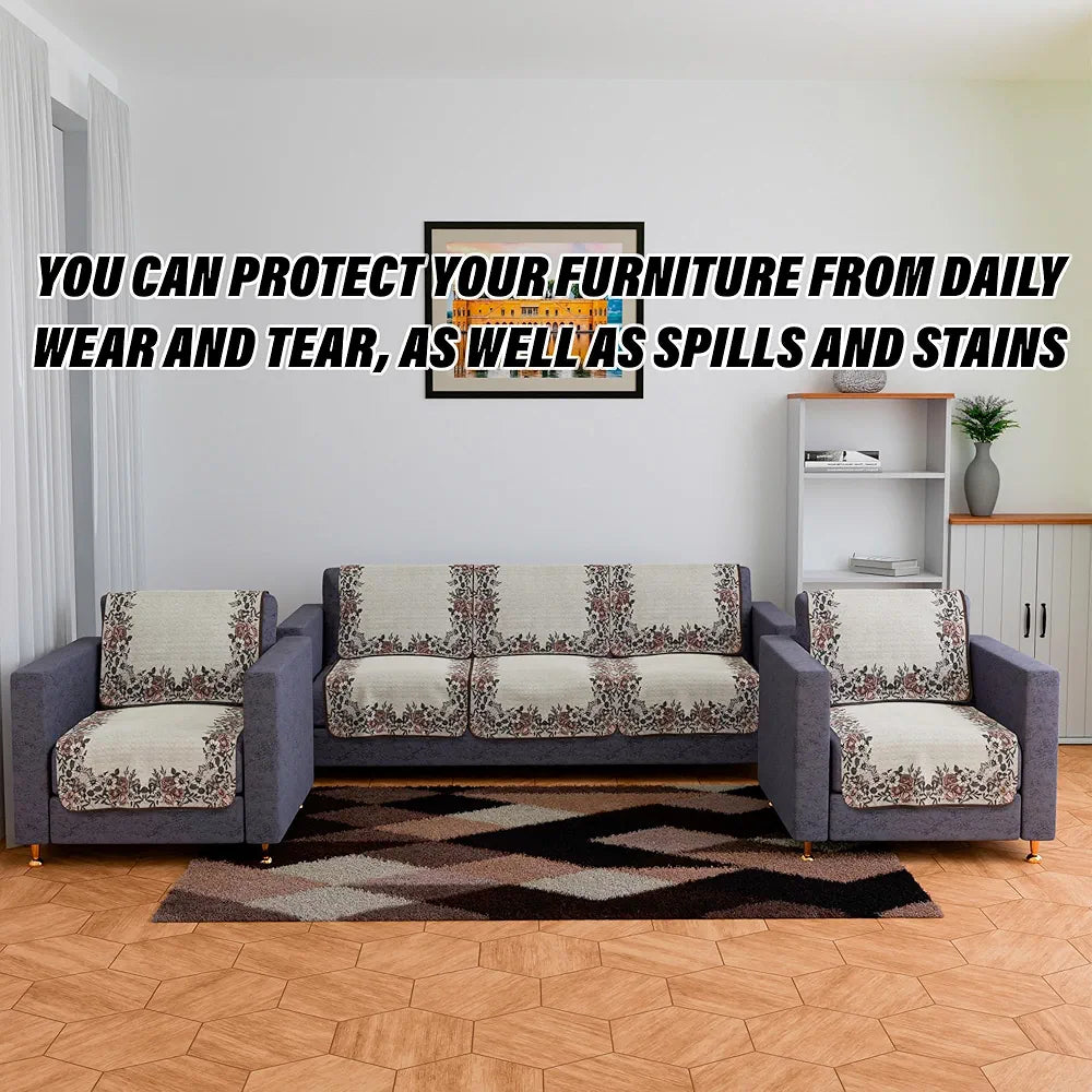 Kuber Industries Sofa Cover Set 5-Seater Couch Cover Brown Gulab Border Crown Sofa Cover Cream