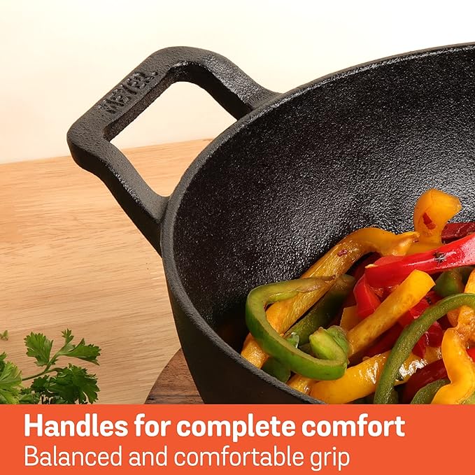 Meyer Pre Seasoned Cast Iron Kadai | Iron Kadhai with Lid 24cm/ 2 Liters Black