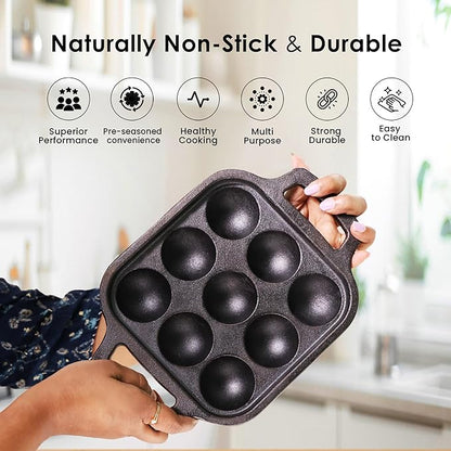 Solara Pre Seasoned Cast Iron Paniyaram Pan 9 Cavities 20 Cm Appam Patra, Paniyarakkal Pan | Cast Iron Cookware