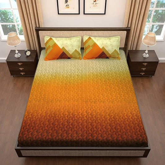 Story@Home Tevel Collection King Size Bedsheet Cotton with Two Pillow Covers, Mustard and Brown Colour