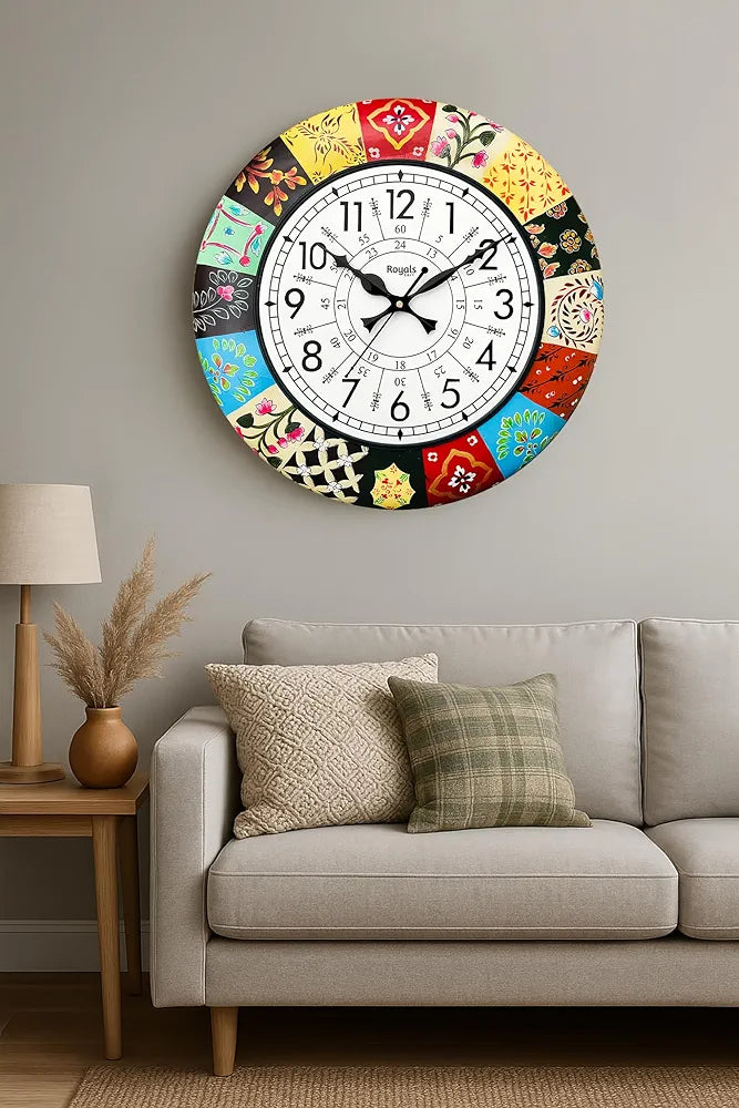 RoyalsCart Handcrafted Decorative Wall Clock with Morden Painting Multicolour Wooden Clock [KTWC186N] Multicolour Elegant Painting