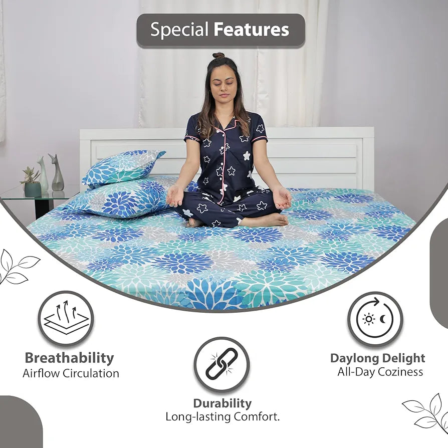 Divine Casa 144 TC 100% Cotton Double Bedsheet with 2 Pillow Covers Floral Pattern Colour Blue Aqua