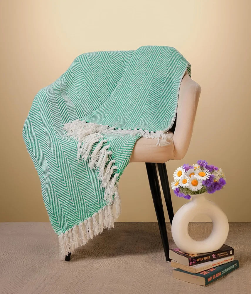 Sajavat Home Hand Knitted Pure Cotton 3 Seater Sofa Throw Colour Green