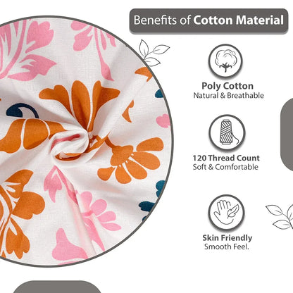 Divine Casa Double Size Bedsheet for Double Bed 144 TC Pure Cotton Queen Size with 2 Pillow Covers Floral Colour Peach Blue
